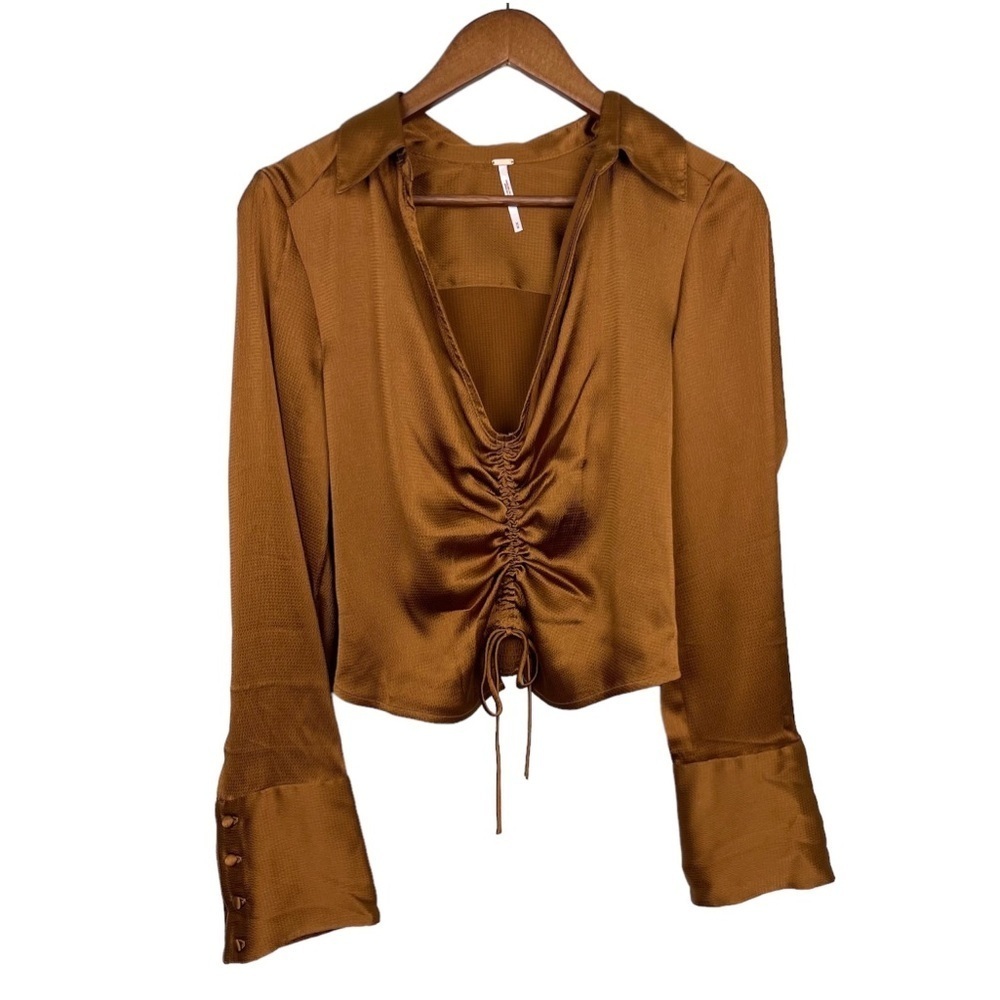 Free People Aurora Satin Blouse Tiger Eye